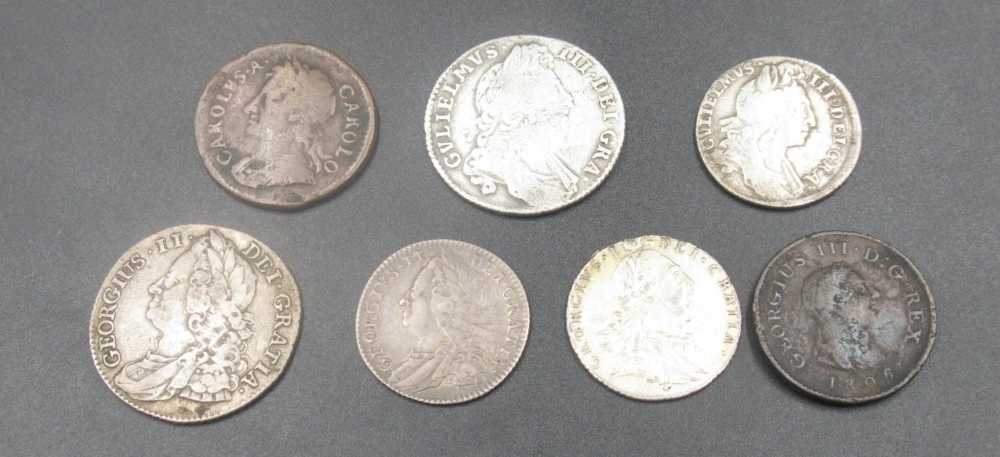 Charles II 167*(4, 5 or 8) farthing, William III 1696 six pence, William III 1697 shilling, George - Image 2 of 2
