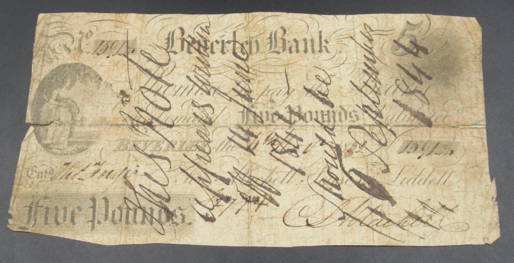 Beverley Bank 1814 Five Guinea Bank Note, Beverley Bank 1882 Five Pound bank note and a postcard - Image 4 of 7