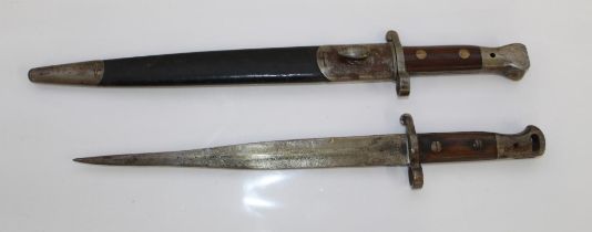 Lee Metford 1888 pattern bayonet, complete with original leather scabbard, with VR crowned-cypher to