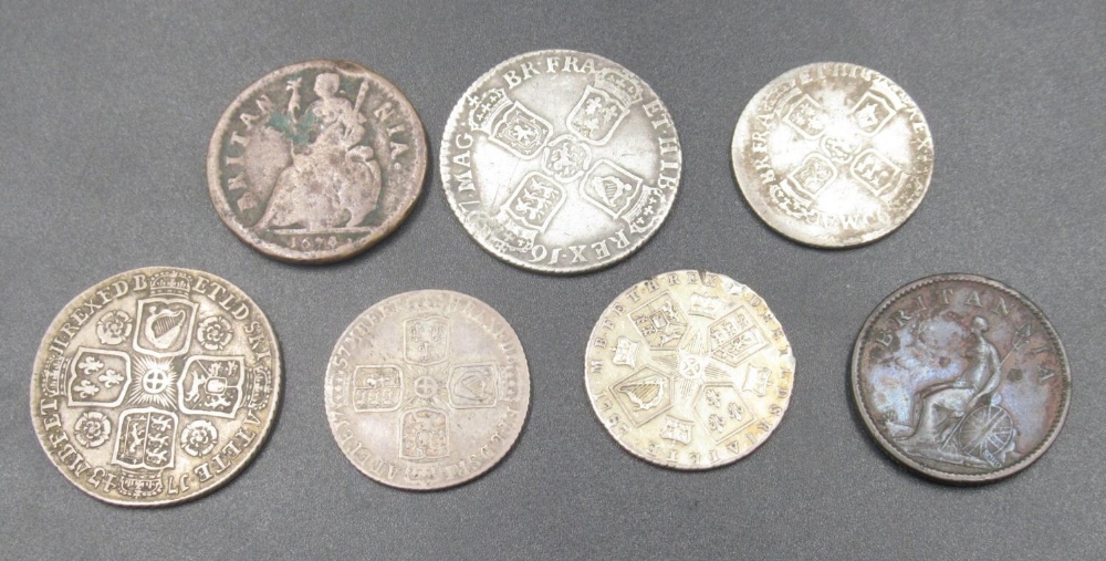 Charles II 167*(4, 5 or 8) farthing, William III 1696 six pence, William III 1697 shilling, George