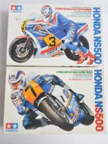 Two unbuilt 1/12 scale Honda NS500 motorcycle plastic model kits with included driver figures from