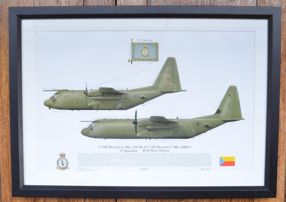 Two framed military prints to include C130K Hercules of 47 sqn, extensively crew signed from - Image 2 of 3