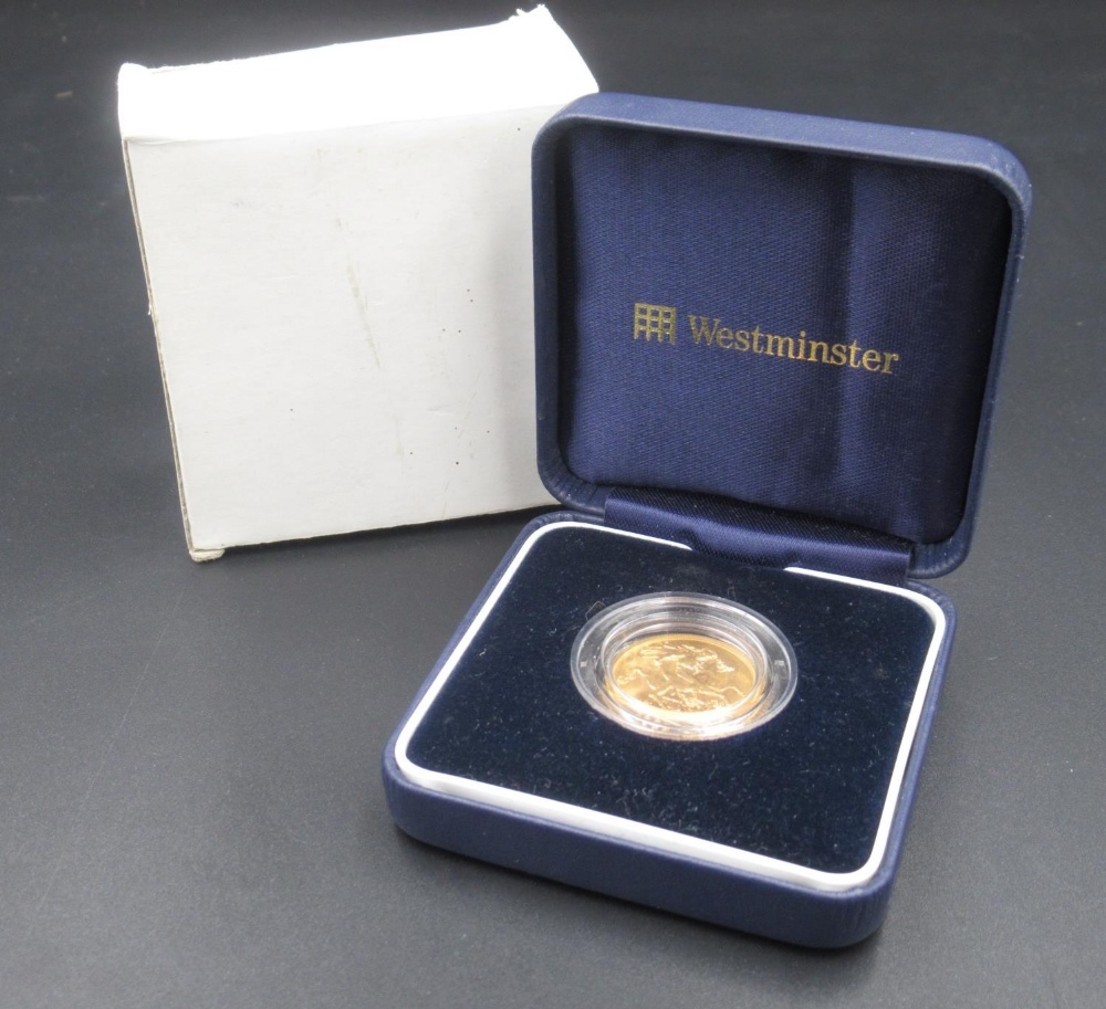 Elizabeth II 1965 sovereign, encapsulated and in a Westminster coin box