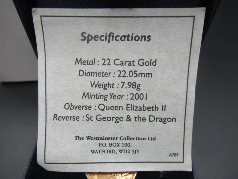 The Royal Mint Elizabeth II 2001 22 Carat Gold Sovereign, with COA in a Westminster coin box - Image 3 of 5