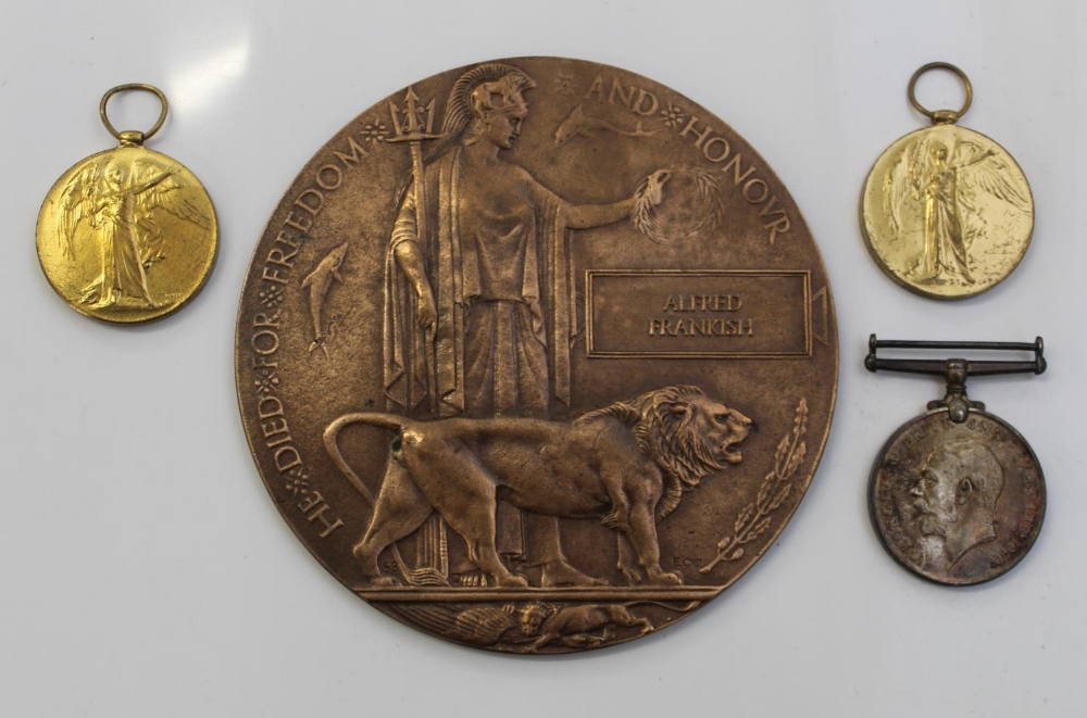 Victory Medal, 1914-18 War Medal, Memorial Plaque. To 12866 Pte A. Frankish. Irish Guards. Victory