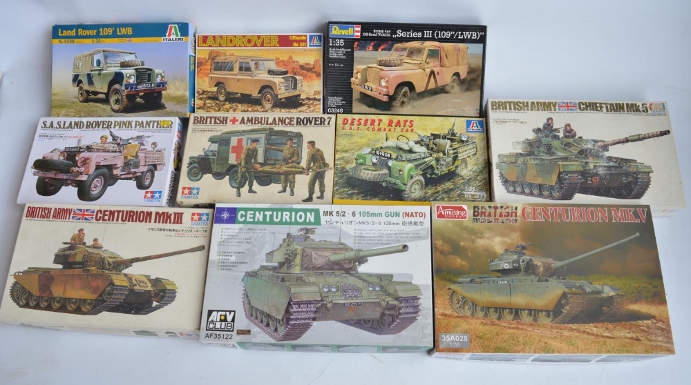 Ten unbuilt 1/35 post war British tank and military vehicle plastic model kits from Amusing Hobby,