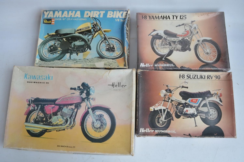 Four unstarted 1/8 scale motorcycle plastic model kits from Heller, Heller/Humbrol and Revell to