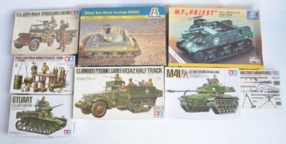 Eight unstarted 1/35 scale WWII US armour plastic model kits/sets from Tamiya and Italeri to include