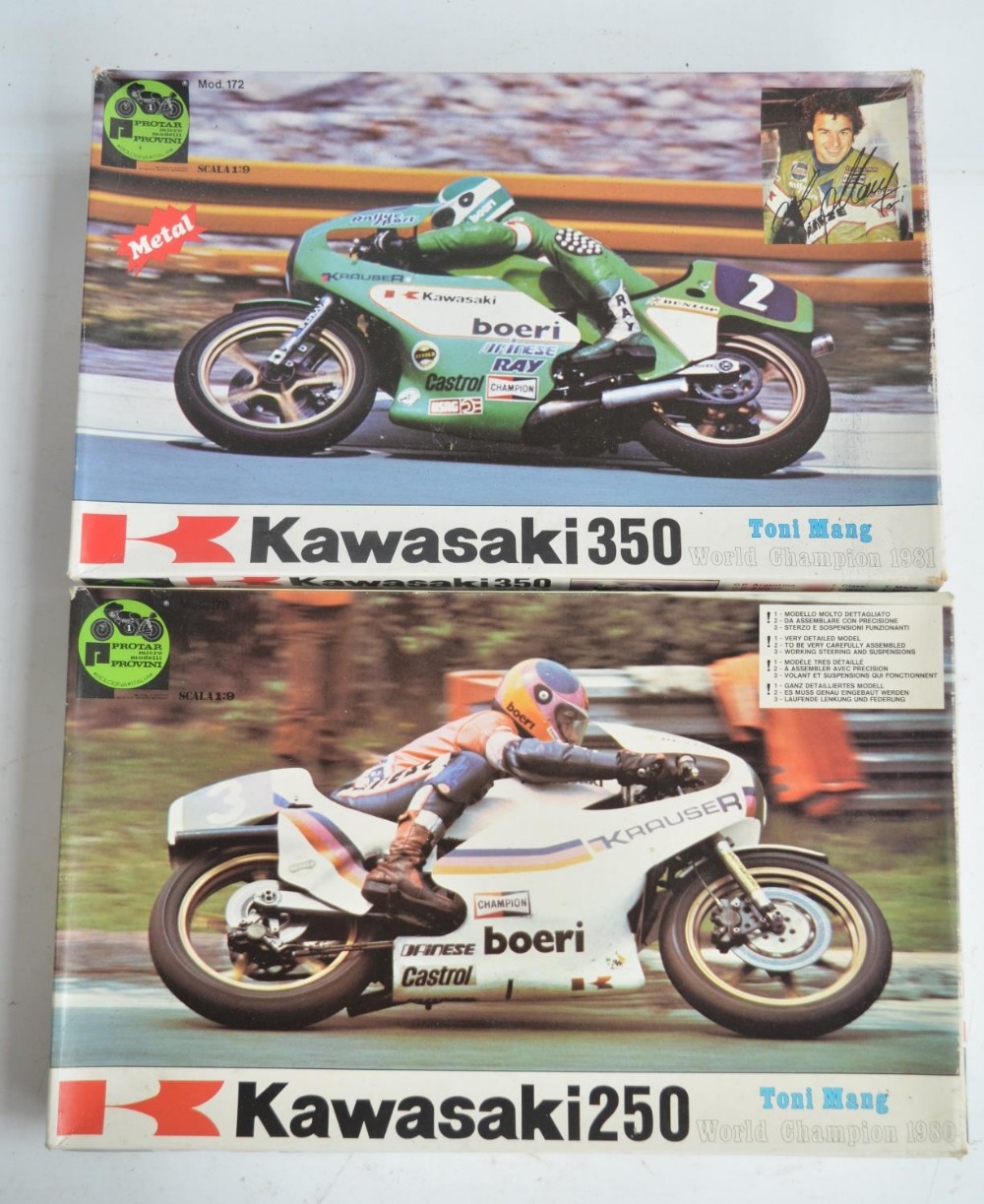 Two unbuilt 1/9 scale Kawasaki plastic motorbike model kits from Protar to include a 250 Toni Mang