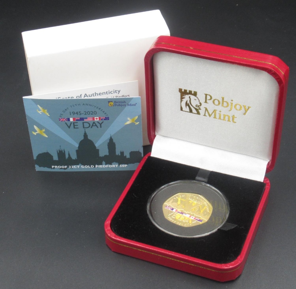 Pobjoy Mint - VE Day 75th Anniversary proof 22ct gold Piedfort 50p coin, with original box and COA