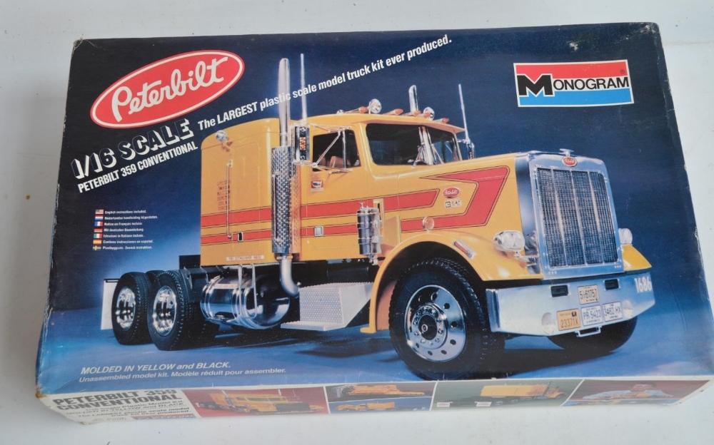 Unstarted Monogram 1/16 scale Peterbilt 359 Conventional American truck plastic model kit, appears