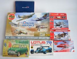 Seven unbuilt plastic model kits to include Airfix A50029 1/72 RAF 90th Anniversary Collection,