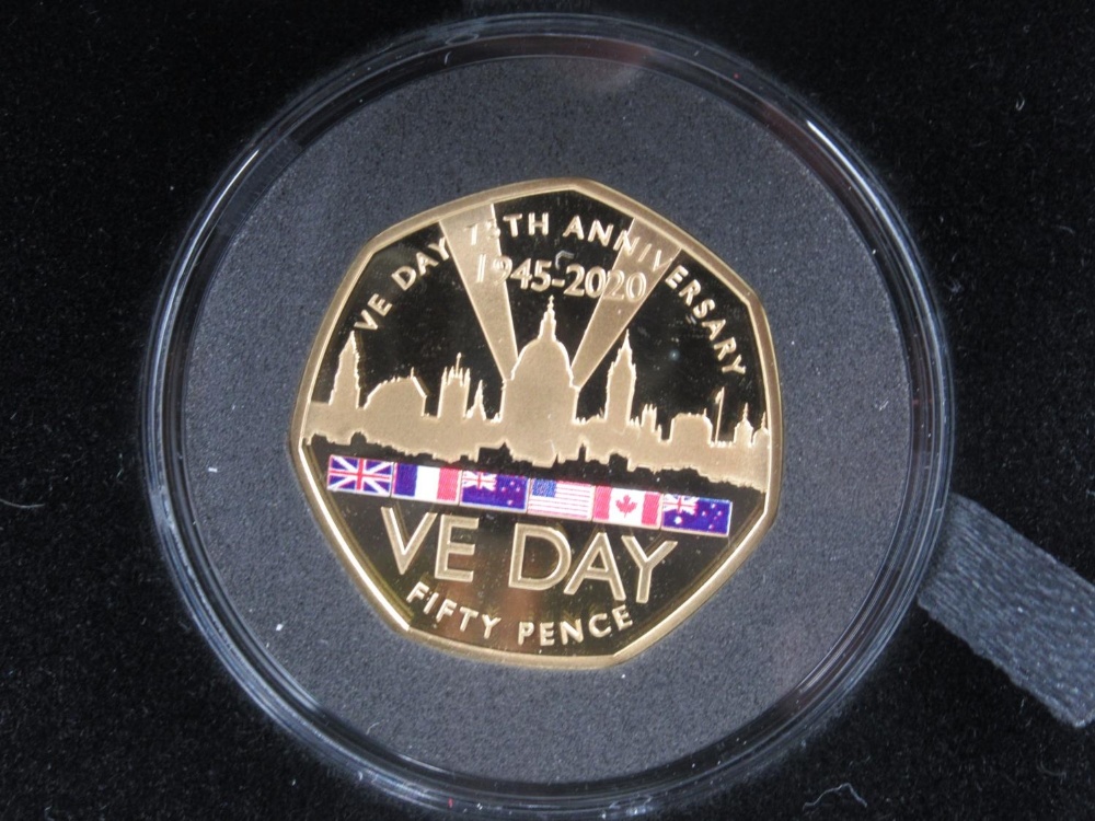 Pobjoy Mint - VE Day 75th Anniversary proof 22ct gold Piedfort 50p coin, with original box and COA - Image 2 of 6