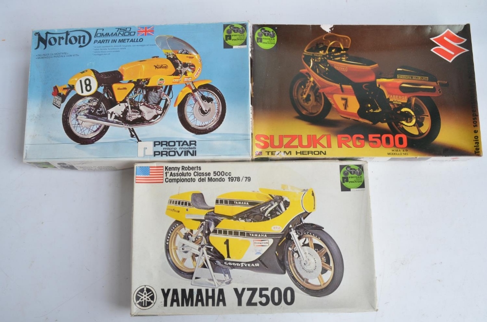 Three unbuilt 1/9 scale plastic motorbike model kits from Protar (all with metal parts and frames)