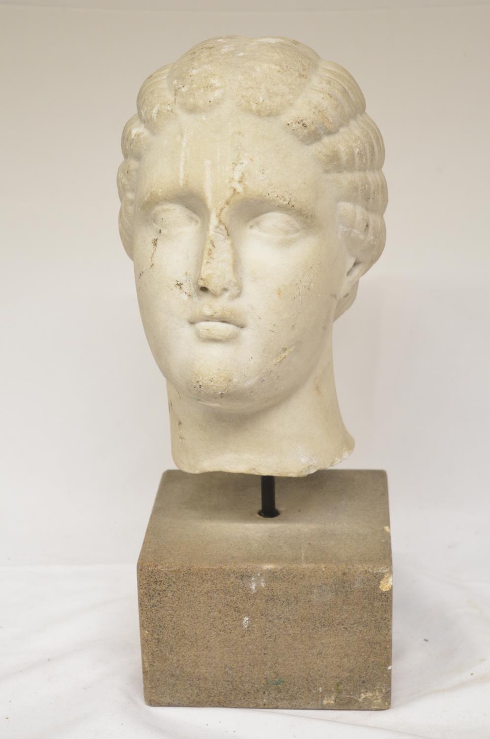 Marble carved head of a Roman style lady/Aphrodite with platted hair set on stone plinth. H36cm (
