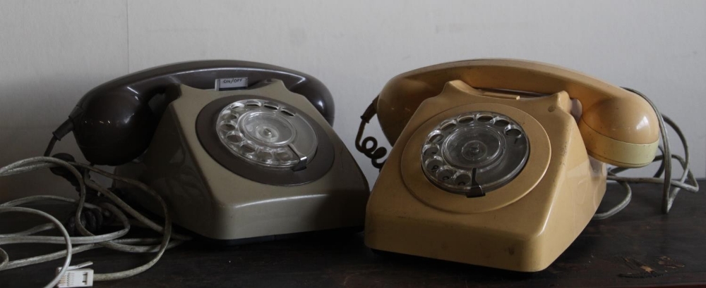 Pair of vintage GPO telephones, circa 1970s/1980s. Ivory and brown/grey colour. Complete with wiring