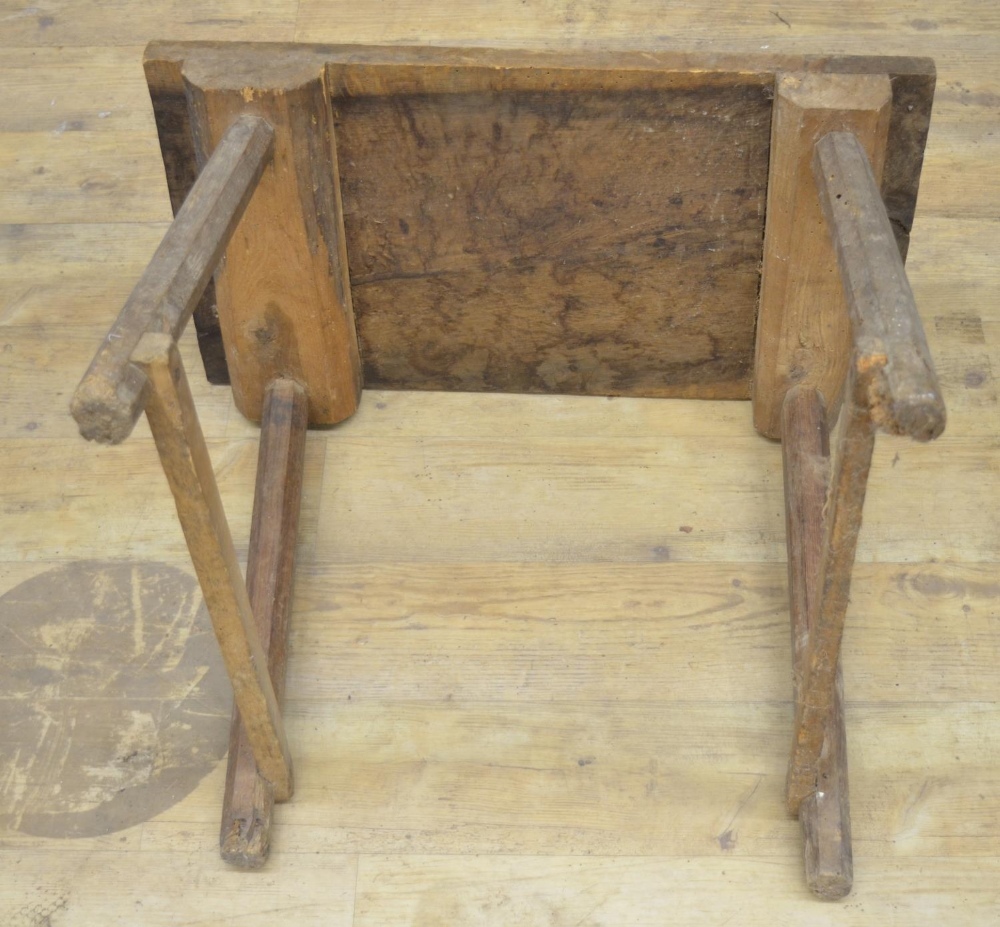 C19th Country made side table, rectangular oak top on faceted tapering outsplayed supports, W71cm - Image 4 of 4