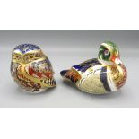 Royal Crown Derby paperweights, comprising Carolina Duck, and a tawny owl, both with gold