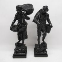 Pair of large black painted spelter figures of a fisherman and woman, H47cm (2)