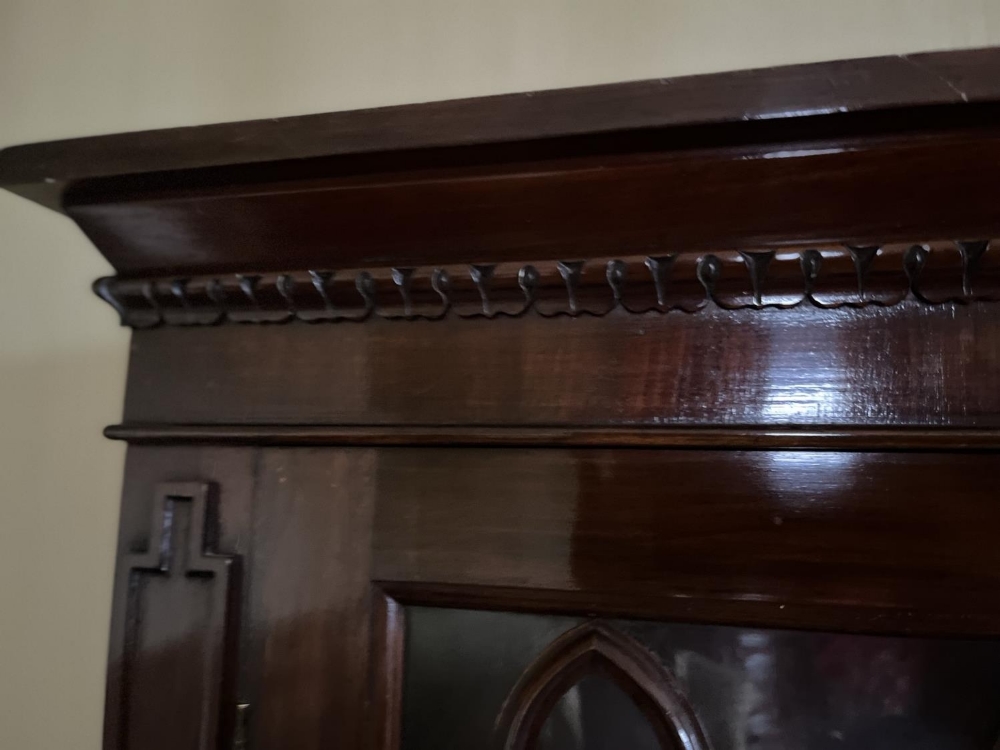 C19th mahogany side cabinet, lobed cornice above a pair of gothic moulded glazed doors, the base - Image 4 of 4