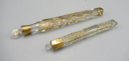 Two 19th century Oxford lavender scent bottles or tear catcher bottles, max. L14cm (2)