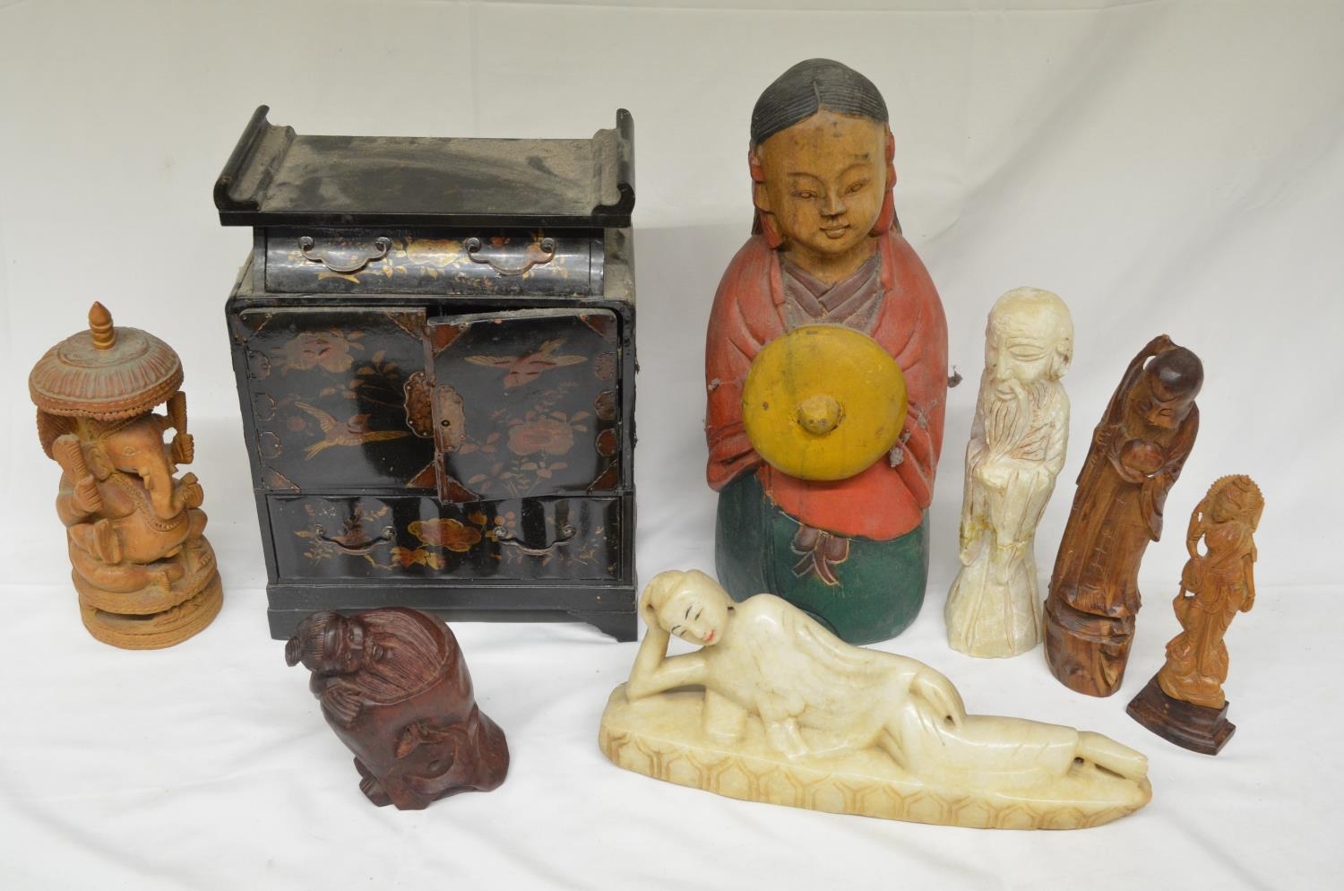 Collection of Japanese and Eastern stone and wood carved figures, and a lacquered Japanese