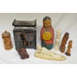 Collection of Japanese and Eastern stone and wood carved figures, and a lacquered Japanese