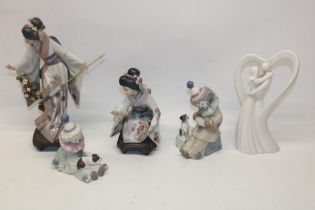Collection of Lladro figures including two geishas, two clowns, and one 'Circle of Love' figure (5)