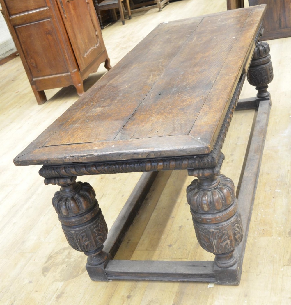 Elizabethan style oak rectangular refectory draw leaf dining table, with lobed frieze on cup and - Image 2 of 5