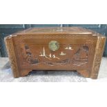 Chinese camphor lined blanket box, carved and inlaid with landscapes and figures, stepped lid with