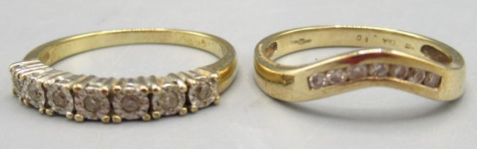 9ct yellow gold ring set with row of brilliant cut diamonds, stamped 375, K1/2, and another similar,