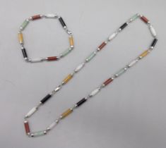 14ct white gold necklace and bracelet set with polished barrel shaped jade links, L45cm and a ma