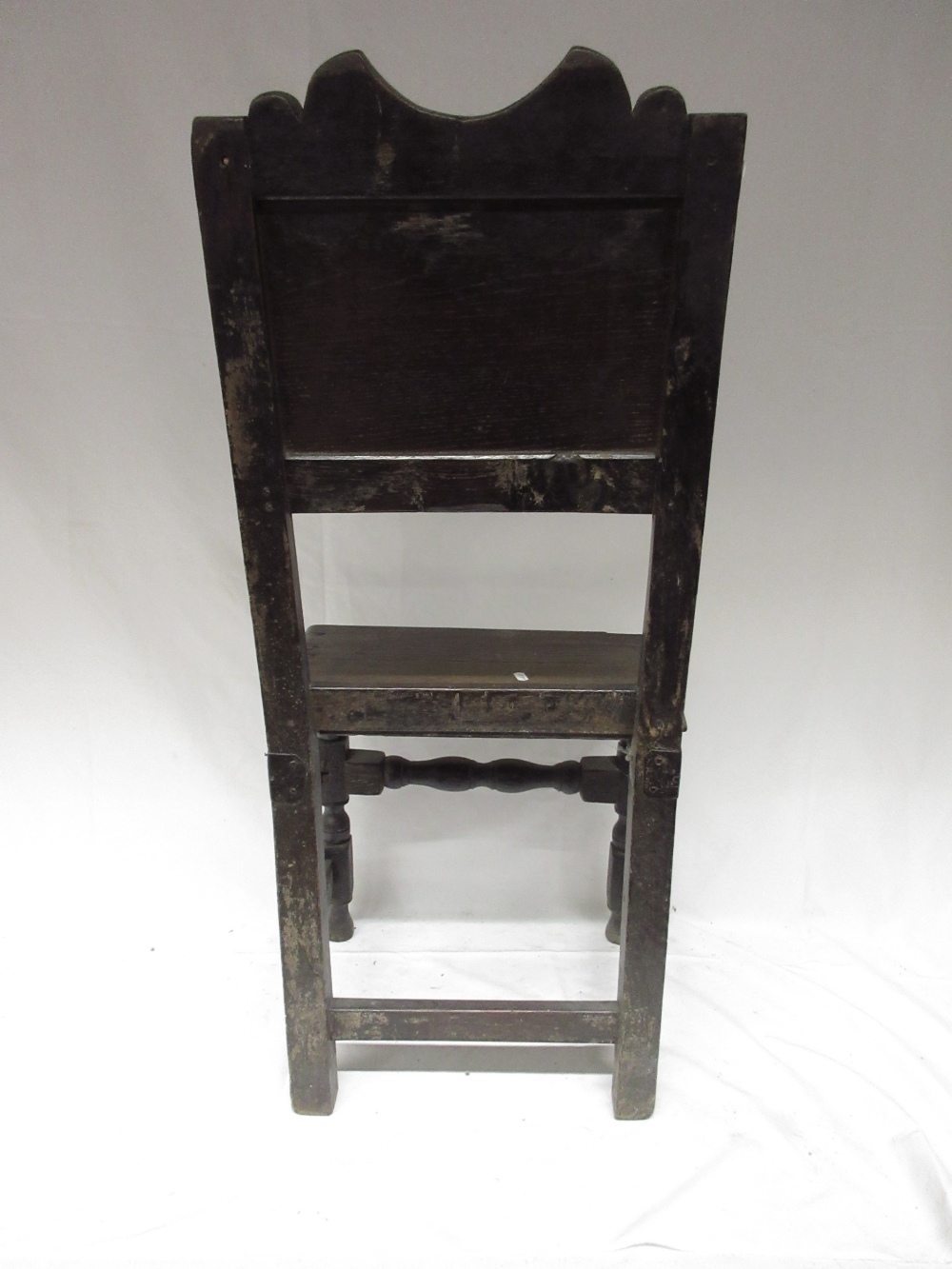 Oak backstool, fielded panel back and solid seat on turned and block supports with stretchers, W46cm - Image 4 of 4