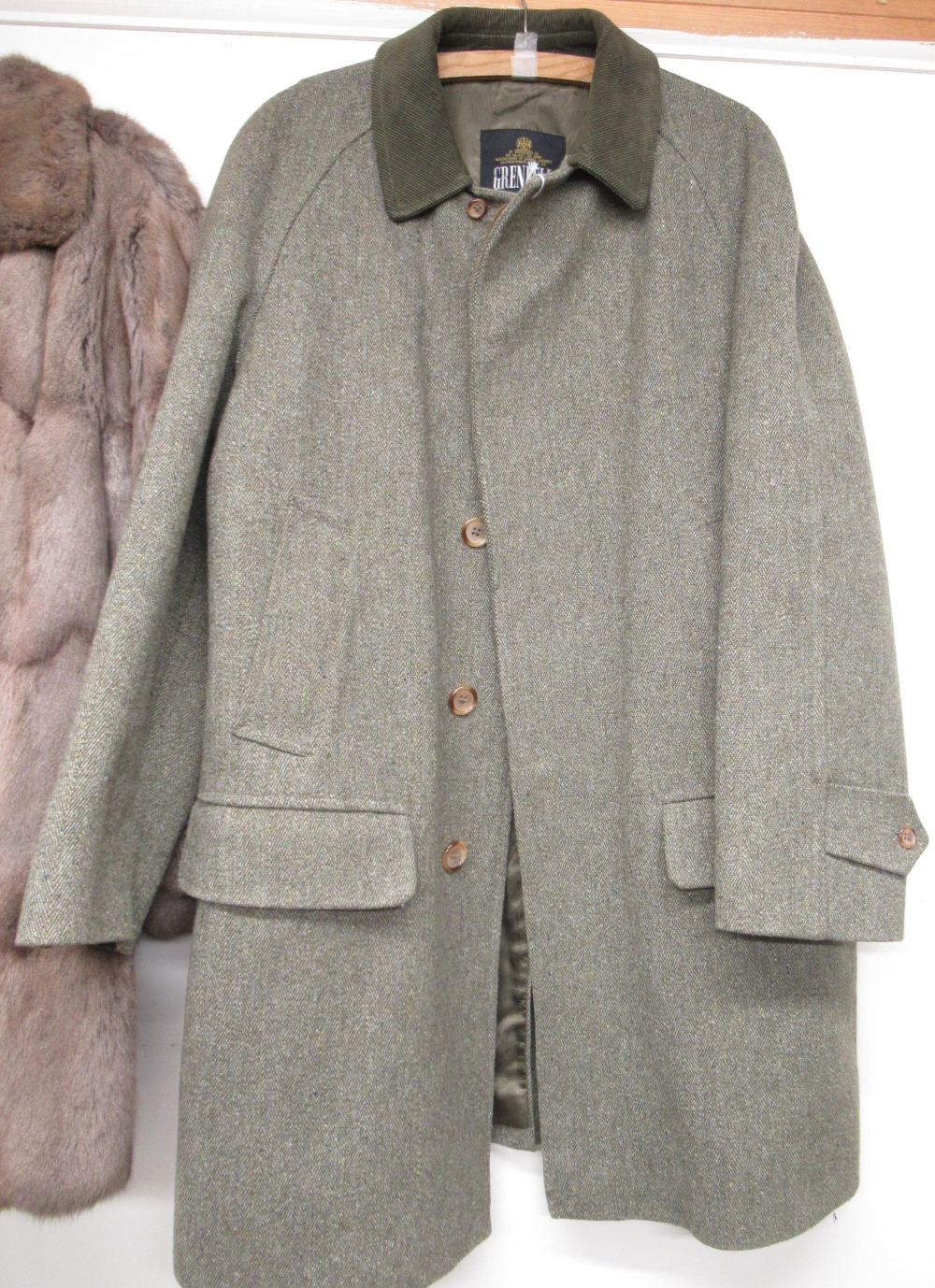 Grey brown fur coat labelled Thornton Varley Ltd Hull, and a 'Grenfell' Derby tweed overcoat (2) - Image 3 of 3