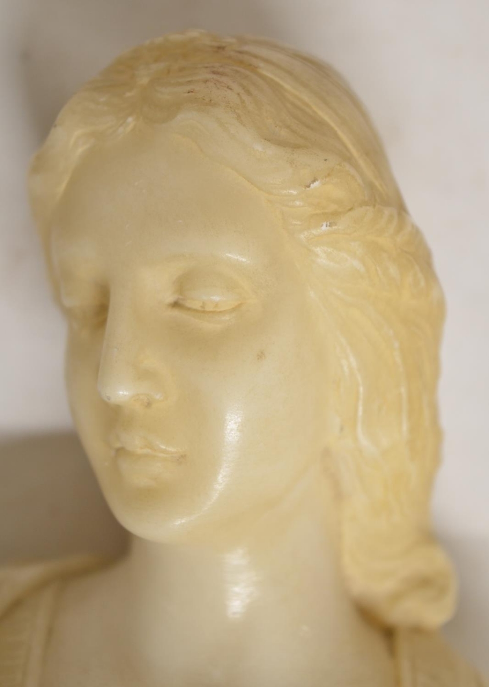 Carved alabaster female bust, marked J Raphael to rear, with base mounting peg. H18cm (Victor Brox - Image 2 of 3