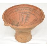 Terracotta Mayan Pre-Columbian pedestal bowl, faded/worn paintwork to inside, some repaired cracks