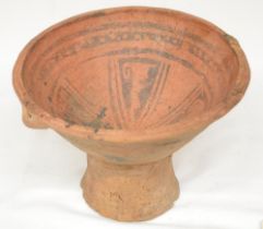 Terracotta Mayan Pre-Columbian pedestal bowl, faded/worn paintwork to inside, some repaired cracks