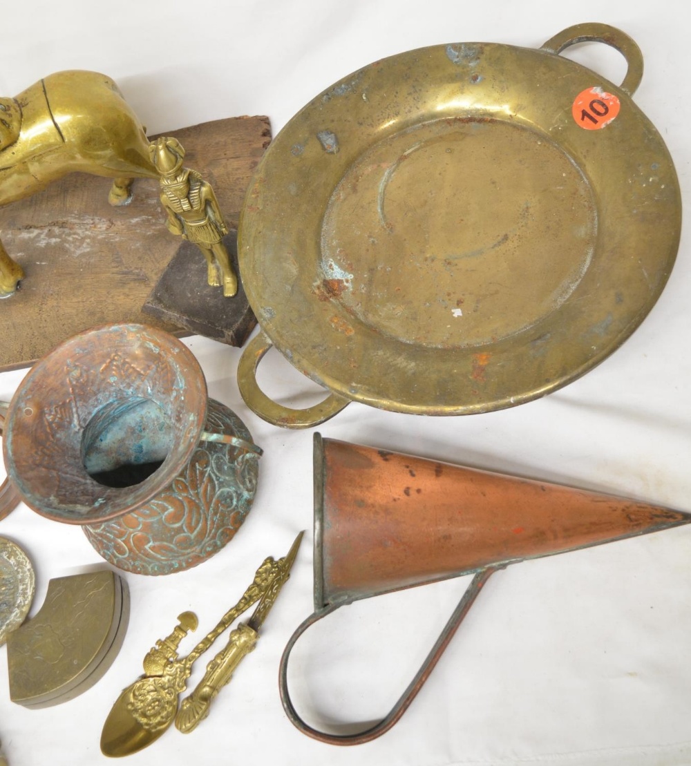 Collection of brass and copper ware to include copper measuring vessels, brass mounted knight, - Image 2 of 6