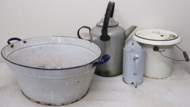 Lage aluminium tea urn, H50cm; enamel bath, W72cm; other enamel ware and a cabin trunk (5)
