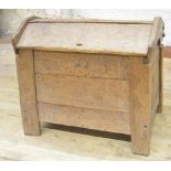 Early oak Ark clamp front coffer, hinged angular arched top lid with scratch carved stylized tree