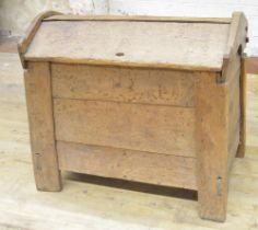 Early oak Ark clamp front coffer, hinged angular arched top lid with scratch carved stylized tree