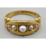 Victorian 15ct yellow gold ring set with seed pearls, stamped 15, size M, 3.1g