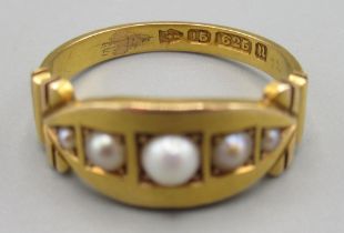 Victorian 15ct yellow gold ring set with seed pearls, stamped 15, size M, 3.1g