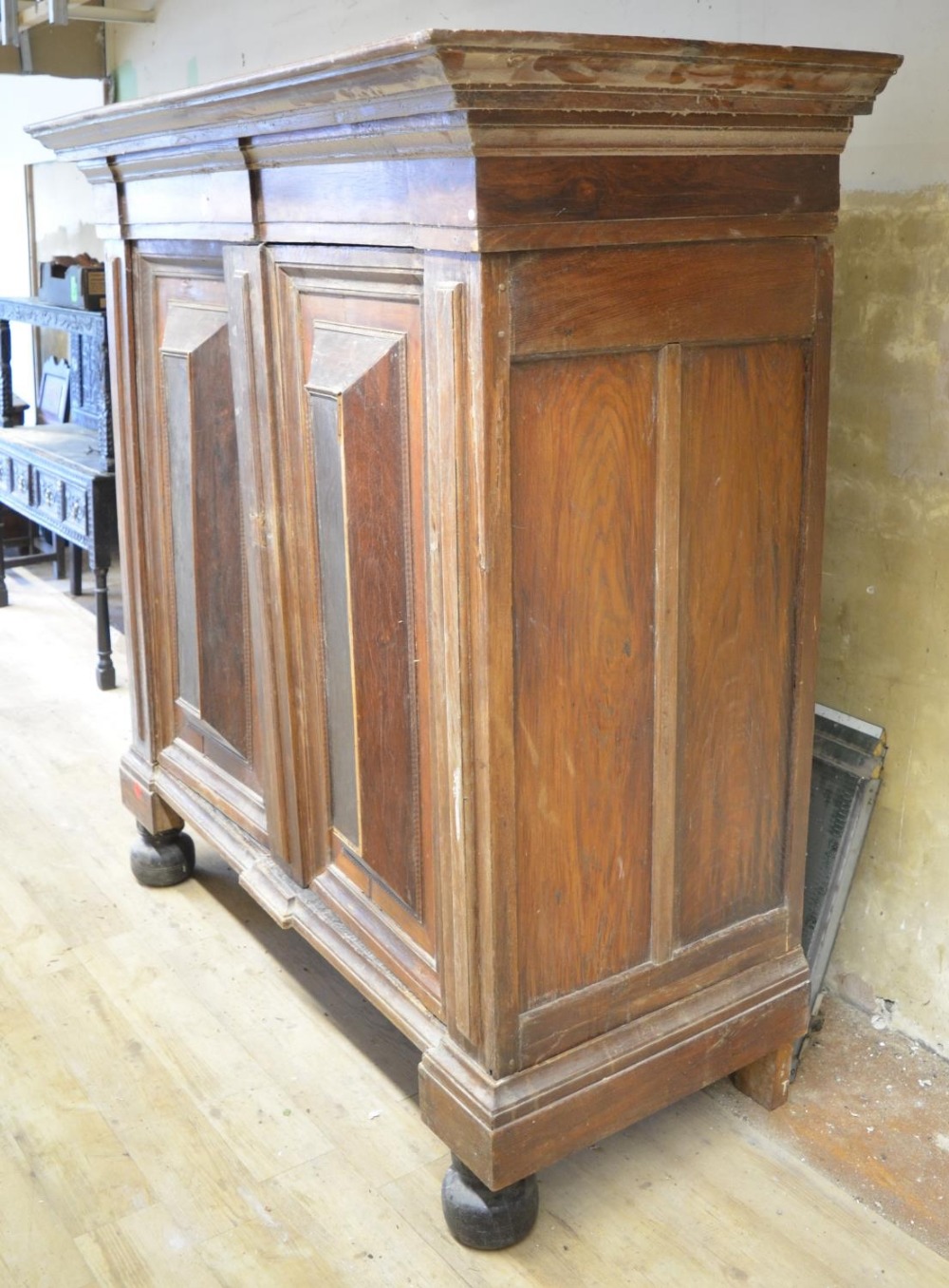 19th century Dutch oak walnut and rosewood cupboard, moulded cornice above two raised panel doors, - Image 4 of 6