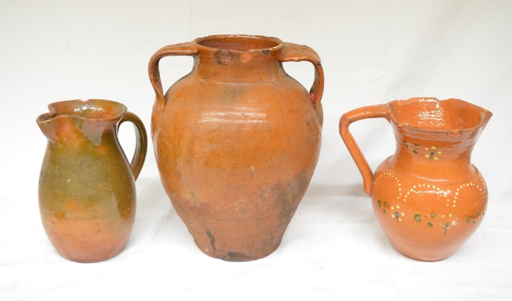 Collection of clay pots including a slipware jug and olive jar, various styles and ages, some with - Image 3 of 3