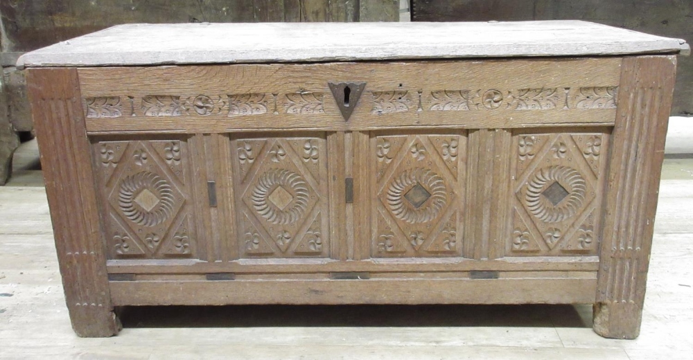 18th century oak coffer, later planked top above four geometric with stop fluted supports, lozenge - Image 2 of 4