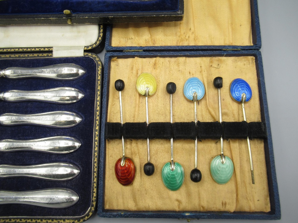 20th Century cased set of six silver gilt and enamelled teaspoons with coffee bean terminals by Adie - Image 2 of 3