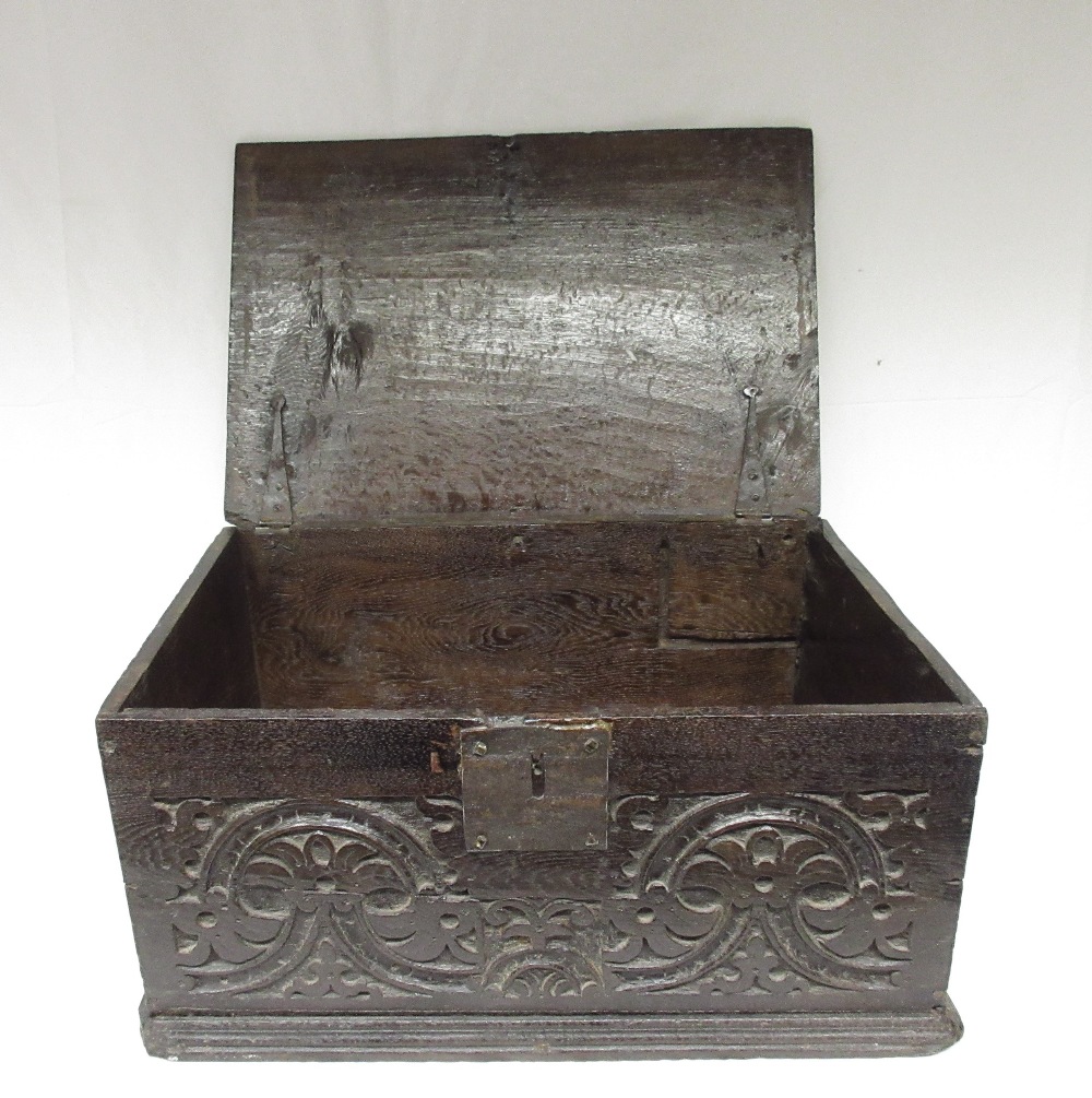 18th century and later oak Bible box with hinged lid and carved front, W58cm D39cm H28cm (Victor - Image 3 of 6