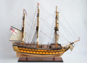 Well built wood plank on frame static model of HMS Agamemnon, approx. L92xW26x 75cm. Possible kit or