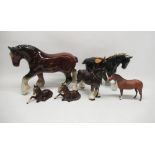 Two Beswick horses No. 915, a Royal Doulton horse and three other large ceramic shire horses (6)